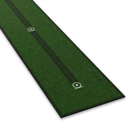 8ft Golf Putting Practice Mat with alignment lines and distance markers in green, enhancing precision and control for home sessions.