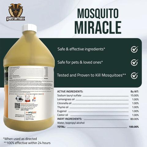 Miracle Outdoor Mosquito Spray For Yard Pet Safe Concentrate bottle with ingredient list and usage instructions