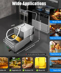 Heavy Duty Mobile Fryer Filter Machine 550W With 55 Gal Capacity Stainless Steel Commercial Cart for restaurant kitchen, showing dimensions.