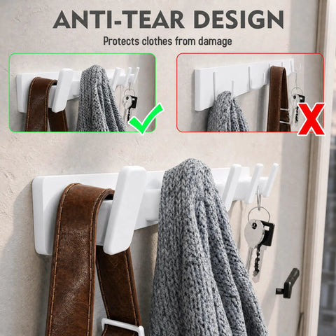 Heavy Duty Wall Mount Coat Rack Featuring Five Lock Down Hooks For All Your Everyday Essentials Like Hats Keys Wallets And Bath Towels Crafted From Corrosion Proof Aluminum In Crisp White Two Pack Bundle, anti-tear design shown.