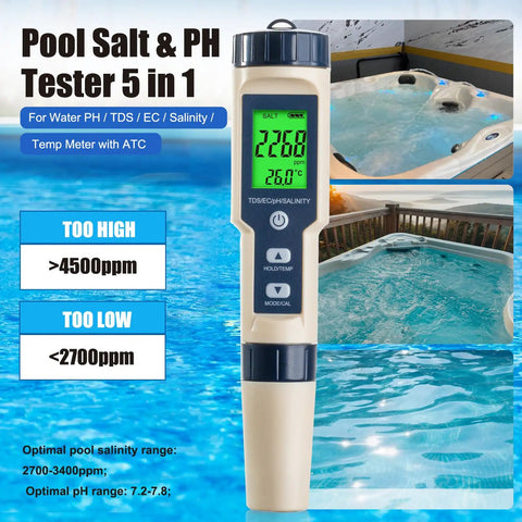 Slick Digital 5 In 1 Pool Water Tester Drops Crisp Ph Salt Tds Ec And Temp Readings In Seconds with clear display and water background.