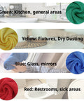 EvaClean Microfiber Cleaning Cloths, 16x16, 12-pack; green, yellow, blue, red for kitchen, fixtures, glass, restrooms.