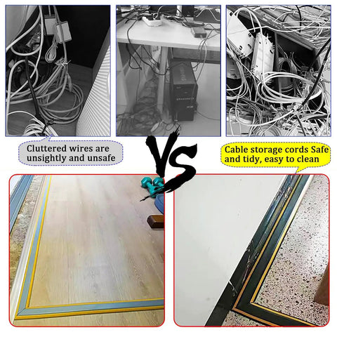 Comparison of cluttered wires versus organized cables with Heavy Duty Cable Management Sleeve For Cords And Wires Pro Grade Floor Protector Tubing