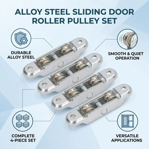 Built Tough 4 Pack Double Wheel Roller Pulleys Slide Like Butter For Sticky Doors Smooth Window Tracks Zero Jam Closet Setup Durable Alloy Steel, showing four alloy steel roller pulleys.
