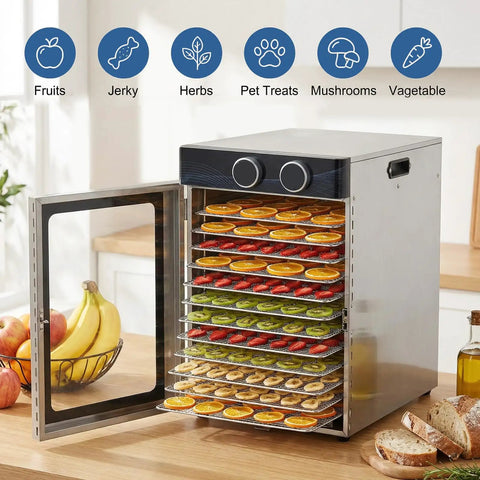 Ultimate Electric Food Dehydrator With 12 Stainless Steel Trays and 1200W Wattage showcasing dried fruits on trays.
