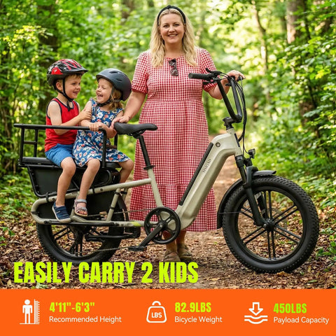 Family Electric Bike With Built In Child Seat For Safe Family Rides 1500W Peak Motor 20 Inch Fat Tire Ebike in forest path