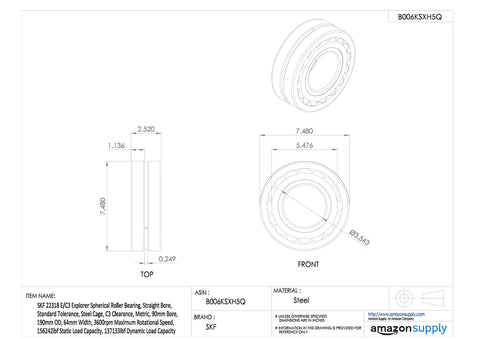 Heavy Duty Spherical Roller Bearing 22318 C3 Explorer drawing showing 90 mm bore, 190 mm OD, steel cage, detailed measurements.