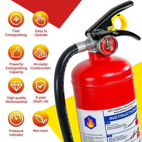 Beefed Up 5 Pound ABC Fire Extinguisher With Wall Mount Bracket, Solid Dry Chemical Blaster For Home Garage Ride And Workshop Safety, 2A 10B C UL Certified No Nonsense Fire Guard Gear close-up showing nozzle and gauge.