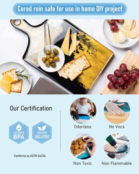 Food-safe 8 Ounce Crystal Clear Epoxy Resin Kit For DIY Art And Craft shown on cheese platter with grapes and olives