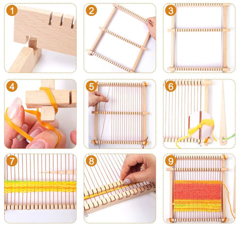 Step-by-step guide for Beginner Friendly Weaving Loom Kit 9 By 11 Inch Wooden Frame Includes Yarn Pack And Tools For Kids And Adults