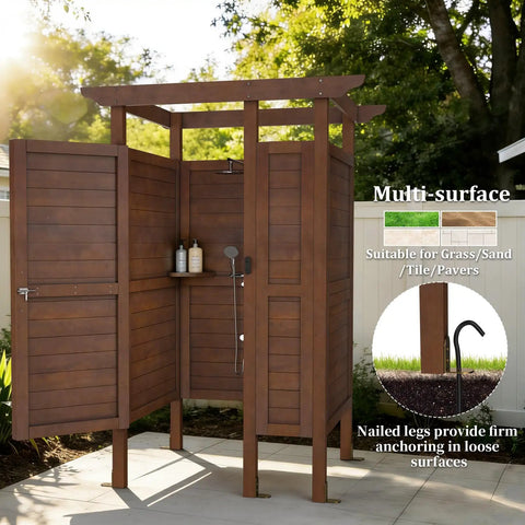 All Weather Solid Wood Outdoor Shower Enclosure With Storage Shelf And Lockable Door For Poolside Backyard Beach Use