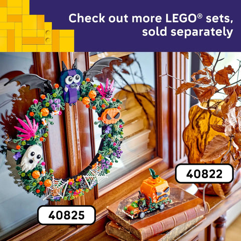 Jack O Lantern Pumpkin Pickup Truck Building Set For Kids Super Cool Halloween Build With Farmer Minifigure Sweet Plastic Bricks For Chill Fall Vibes And Totally Awesome Playtime Fun displayed as part of a decorative Halloween wreath.