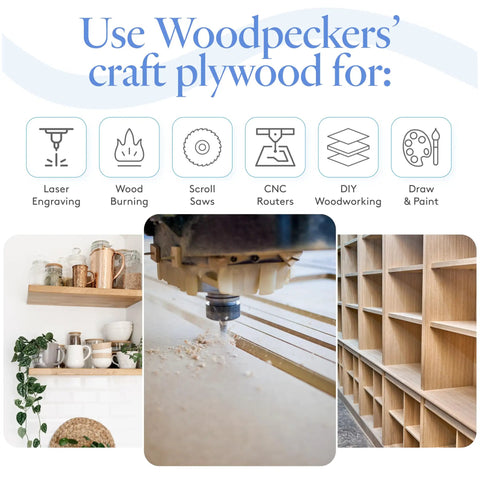 Image showcasing uses for Baltic Birch Plywood Sheets 6 mm Thick 1/4 X 12 X 24 Inch Pack Of 6 B/BB Grade Craft Wood, including CNC cutting.