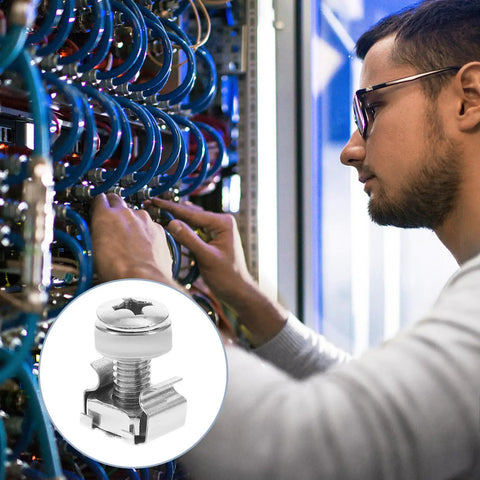 16 Sets M6 Rack Mount Cage Nuts And Screws Heavy Duty Server Rack Bolt Kit in use, featuring a nickel plated screw and a focused technician.