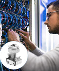 Hella Sturdy M6 Rack Mount Screw Kit With Cage Nuts For Server Cabinets And Equipment Racks Featuring Pre Installed Nylon Gaskets in use.