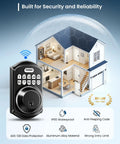 Built Tough WiFi Keypad Deadbolt For Your Front Door Zero Hassle Smart Lock With Matte Black Finish displayed on a house illustration.