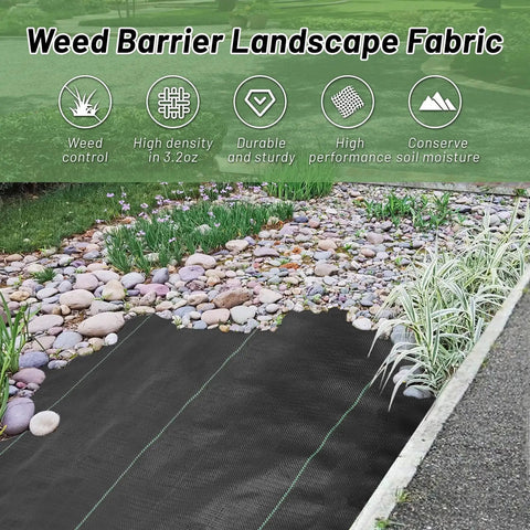 4 Ft By 100 Ft Weed Barrier Landscape Fabric 3.2 Oz Heavy Duty Woven Geotextile installed in a garden path with pebbles
