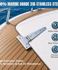 Tough As Nails 8X4 Inch 316 Marine Grade Stainless Steel T Hinges 2 Pack attached to wooden boat deck