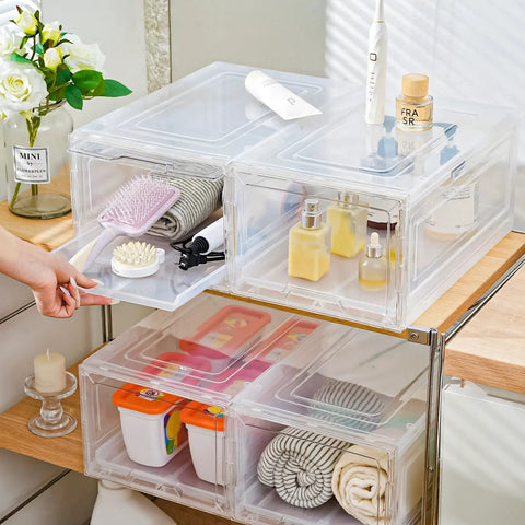 Sleek Stackable Clear Hat Organizer Two Pack With Smooth Glide Drawers Holds A Dozen Baseball Caps Each For Your Streetwise Headgear Vault And Game Day Ready Setup on shelf displaying various items.