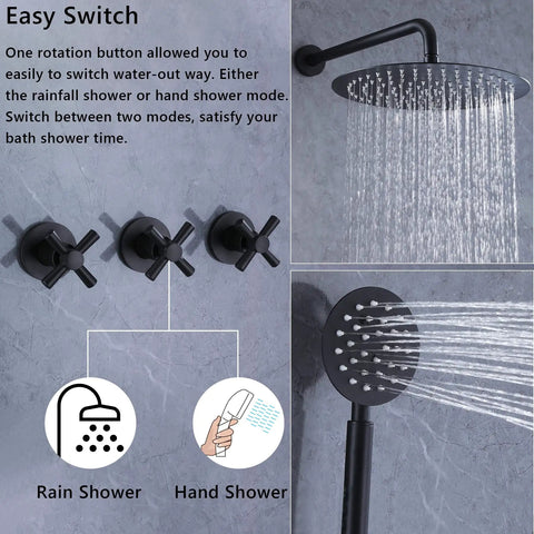 Three-Handle Wall Mounted Shower System With High Pressure 10-Inch Rain Shower Head And Handheld Sprayer, Easy Switch Feature