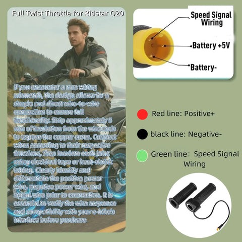 Full Twist Throttle Replacement Handle For E-Bikes And E-Scooters, 12V To 72V Wide Voltage, with wiring diagram inset
