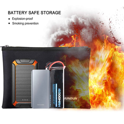 Hardcore Fireproof Waterproof Document And Cash Bag With Aluminum Foil Lining, 14.2 By 10 Inches, shown next to burning flame.