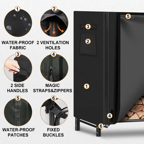 Heavy Duty Outdoor Firewood Rack With Weatherproof Cover Iron Wood Storage Rack For Backyard Or Patio Eight Foot Long Firewood Holder With Waterproof 600D Oxford Fabric Cover And Rust Resistant Finish featuring waterproof fabric, ventilation holes, side handles, and fixed buckles.
