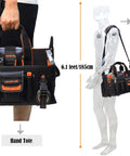 Heavy Duty 19 Pocket Tool Tote For HVAC Technicians And Electricians with hand and shoulder carrying options shown