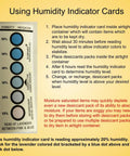 Instructions for Reusable Humidity Indicator Cards showing humidity levels and usage guidelines, for tracking moisture levels.