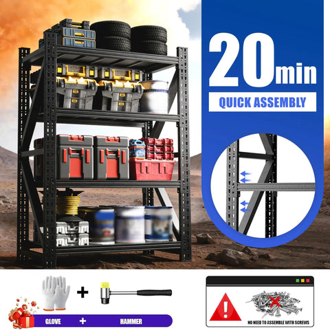 Hella Tough Heavy Duty Garage Shelving Rack With Cold Rolled Steel Frame And Massive Four Thousand Pound Load Capacity, 4 tier with various tools.