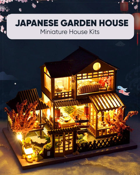 Beginner Friendly Mini Dollhouse Kit With Japanese Garden House Theme, DIY Model Craft Diorama with koi pond and cherry blossom