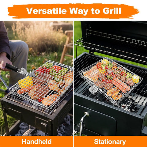 Outdoor Grill Basket For Barbecue Lovers With Removable Handle Portable BBQ Set And Rack For Shrimp Pork Veggies Includes Brush Metal Skewers Carry Bag Perfect For Camping And Backyard Grilling Like A Pro.