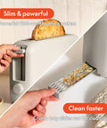 Slick Two Slice Slim Toaster With Hella Long Slots For Versatile Even Heating And A Tight Oat Milk Finish showing slim design and removable crumb tray.