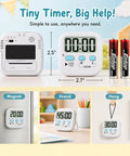 Top Shelf Two Pack Digital Timer With Built In Memory Dead Reliable For Kitchen Cooking Classroom Tasks And Quick Meal Prep Drop In And Play Design Comes Fully Loaded With Batteries Ready To Roll showing timer features and measurements.