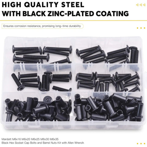 Built Different M6 Hex Socket Cap Bolt And Barrel Nut Assortment Kit Packs Five Dead Straight Lengths With Adjustable Wrench in storage case.
