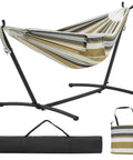 Double Hammock With Stand For Two People, Portable Indoor Outdoor Hammock Set, 450 Lb Capacity, Includes Storage Bag And Carrying Bag, Desert Stripe, Easy Setup And Cozy Relaxation shown with stand and bags