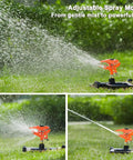 Heavy Duty Pulsating Impact Sprinkler for Yard on lawn, showing 360 degree rotating spray with all metal base, adjustable coverage