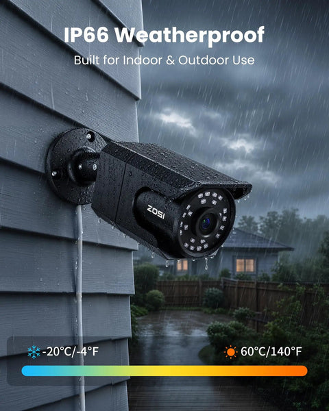 4 Pack 4K 8MP PoE Security Cameras Wired Bullet IP66 Waterproof Outdoor Indoor Surveillance Cams Add On Model mounted on wall in rain.