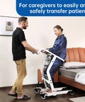 Rock Solid Stand Assist Patient Transport Unit With Locking Casters And Reliable Fall Guard System For Hassle Free Sit To Stand Transfers In Home Or Care Settings 400 Lb Capacity used by caregiver assisting patient in home setting.