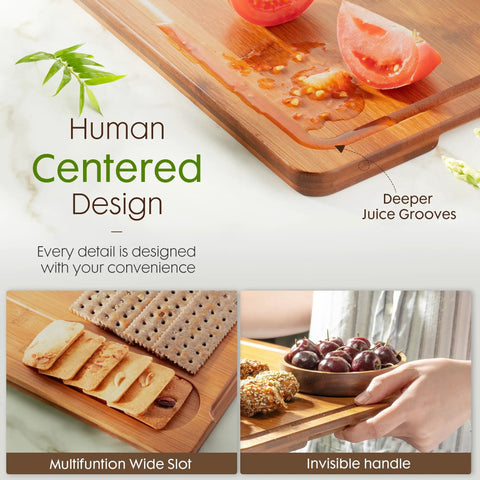 Top Shelf Deep Carbonized Bamboo Cutting Board with deeper juice grooves, showcasing human-centered design for convenience.
