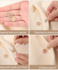 4 steps showing 12 Pairs Killer Hold Magnetic Snaps, No Sweat Easy Sew On Fasteners for clothing repair.