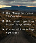 Top Shelf High Mileage Full Synthetic Motor Oil In 0W-20 Viscosity With 5 Quart Container featuring benefits for older vehicles.