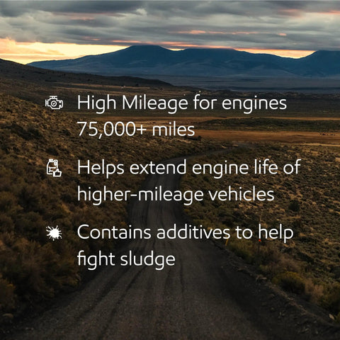 Top Shelf High Mileage Full Synthetic Motor Oil In 0W-20 Viscosity With 5 Quart Container featuring benefits for older vehicles.