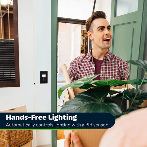 Motion Sensor Light Switch With PIR and Ambient Light Detection on wall, man holding box with plant