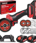 Badass 3 Inch Mini Circular Saw Featuring A Powerful 21V Brushless Motor And Cordless Cut Off Capability with 3" blades and battery.