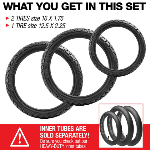 Three Pack Jogging Stroller Tire Replacement Set With Two 16x1.75 Rear Tires And One 12.5x2.25 Front Tire shown with sizes