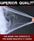 1000 Square Feet Spider Web Halloween Decor with 30 Fake Spiders White Cobweb Mesh showing stretched cobweb for realistic texture.