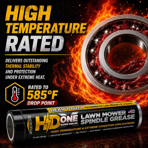 Heavy Duty High Temperature Bearing Grease For Toro And Exmark Mowers That Beats The Heat On Overworked Spindles and Shuts Out Grime and Humidity In A Battle Ready Two Pack For No Hassle Mowing Days featuring a lubricant tube and a ball bearing.