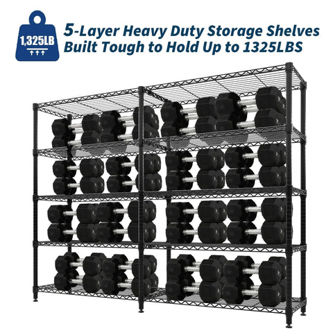 Built Like A Tank 5 Tier Adjustable Metal Shelving Unit Heavy Duty Wire Storage Rack with weights on shelves, designed for garage and home office.
