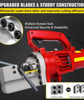Hydraulic Rebar Cutter 20mm 25mm Heavy Duty 1700W slicing through rebar, showcasing upgraded blades and secure red design